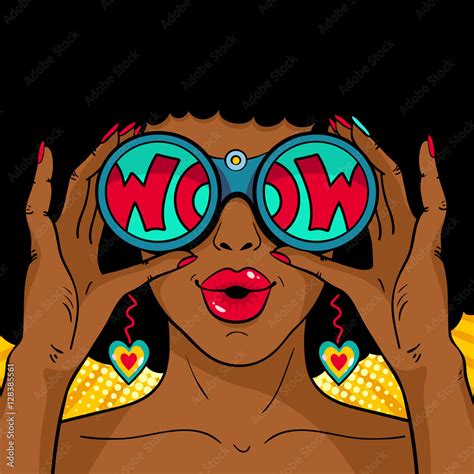 Wow Pop Art Female Face Sexy Surprised African Woman With Open Mouth Holding Binoculars In Her