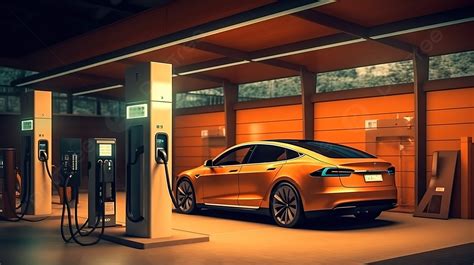 3d Illustration Of Electric Car Charging At A Station In The Garage Background Hybrid Car Ev