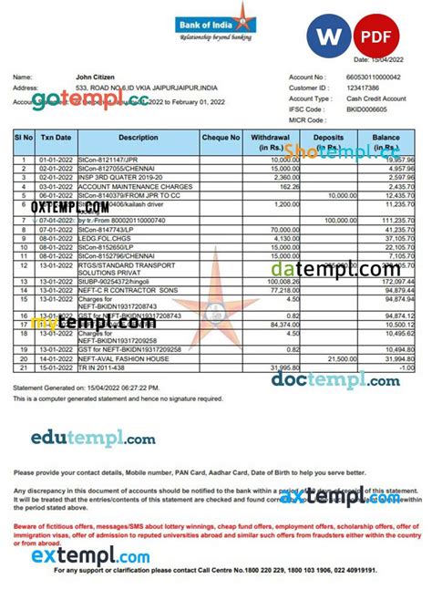 India Bank Of India Bank Statement Word And Pdf Template By Mytemplcom