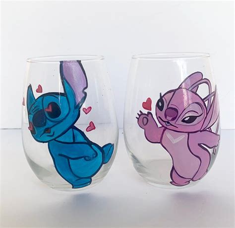 Stitch And Angel Wine Glass Set 2 Stemless Glasses 20 Oz Disney Wine Glasses Ready To Ship