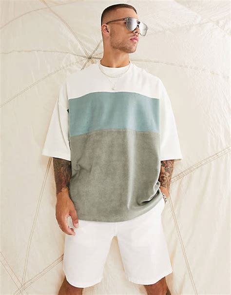 Asos Design Oversized T Shirt In Green Colour Block In Towelling Asos