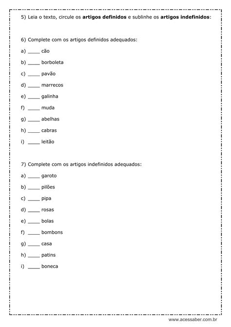 Atividade de português Artigos 4º ou 5º ano Acessaber