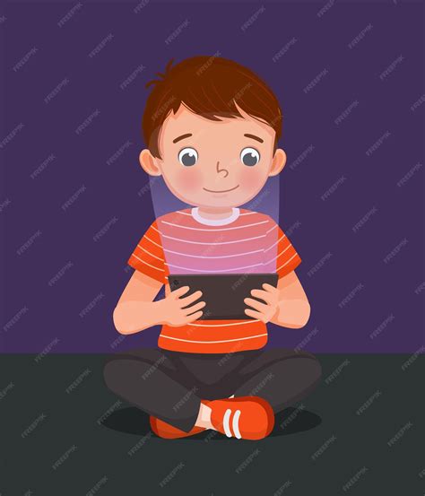 Cute little boy playing game with smart phone at night with blue light