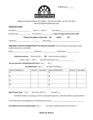 Fillable Online Boarding Form Brandywine Veterinary Hospital Fax