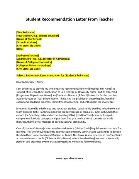 Free Printable Recommendation Letters For Student From Teacher