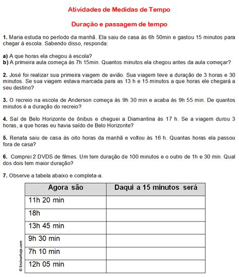 Atividade Medida De Tempo Dura O E Passagem De Tempo Ensinar Hoje