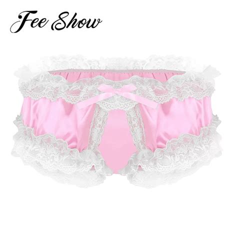 Men Shiny Ruffled Floral Lace Lingerie Low Rise Crotchless Sissy Bikini Briefs Underwear