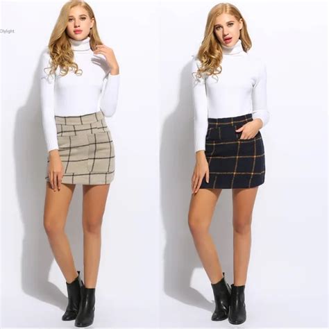 Women Fashion Sexy Mini Skirt Lady High Waisted Plaid Pocket Wool Blend Pakage Hip Skirts Short