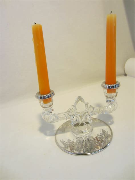 Silver Floral Etched Crystal Glass Double Candle Holder Candleabra