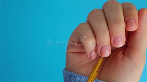 Stylish Nude Beige Female Nails On Blue Background Modern Trendy Stylish Beautiful Manicure