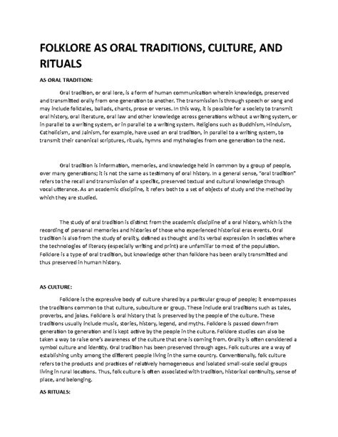 Folklore AS Oral Traditions: Cultural and Ritual Perspectives - Studocu
