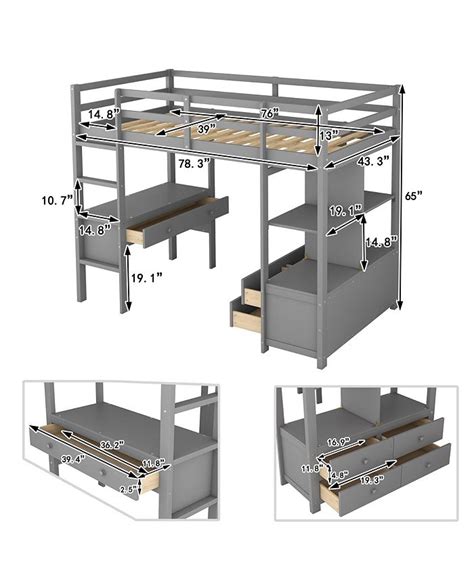 Simplie Fun Twin Size Loft Bed With Built In Desk With Two Drawers And Storage Shelves And