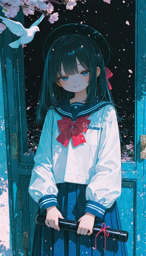 cute anime girl  sailor uniform   dark door stock illustration