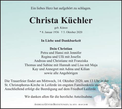 Traueranzeigen Von Christa K Chler Trauer De