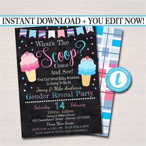 Editable Ice Cream Gender Reveal Summer Bbq Invitation Baby Sprinkle