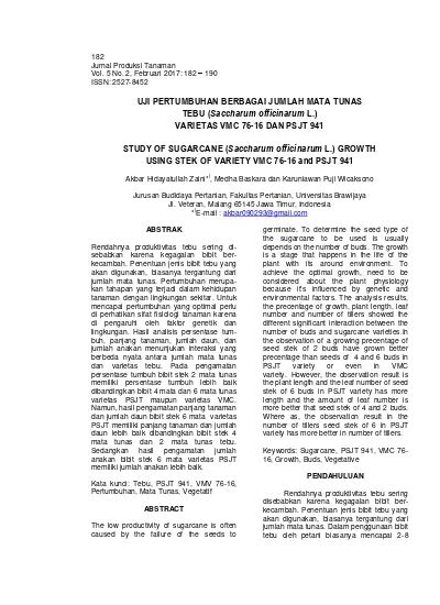 Uji Pertumbuhan Berbagai Jumlah Mata Tunas Tebu Saccharum Officinarum