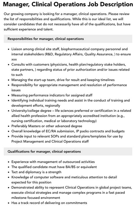 Manager Clinical Operations Job Description Velvet Jobs