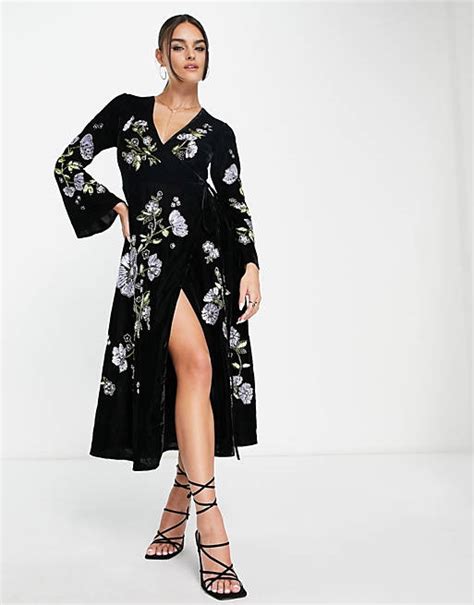 Asos Design Velvet Wrap Midi Dress With Floral Embellished Detail In