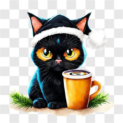 Descarga Lindo gato negro con sombrero de Santa y taza de café PNG En