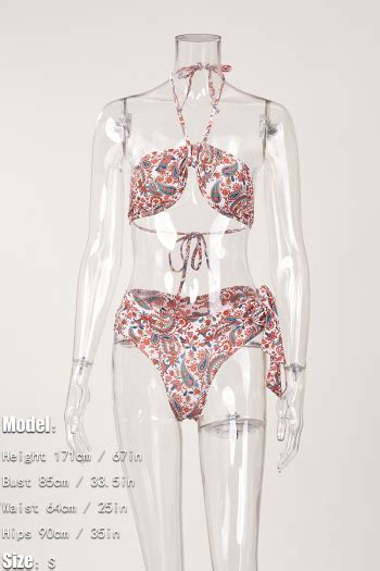 Wholesale Sexy Paisley Graphic Printing Padded Halter Neck Lace Up Bikini Set BA012598