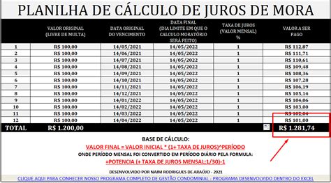 PLANILHA COMPLETA PARA CALCULO DE JUROS DE MORA Programação em EXCEL