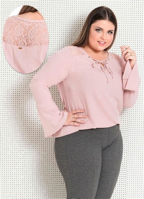 Blusa Manga Sino Rosa Com Renda Plus Size Quintess