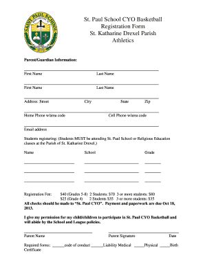 Fillable Online St Paul School CYO Basketball Registration Form St Fax