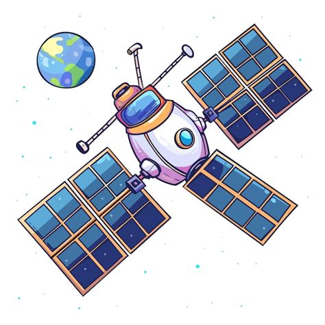 Um desenho de desenho animado de um satélite um planeta ao fundo