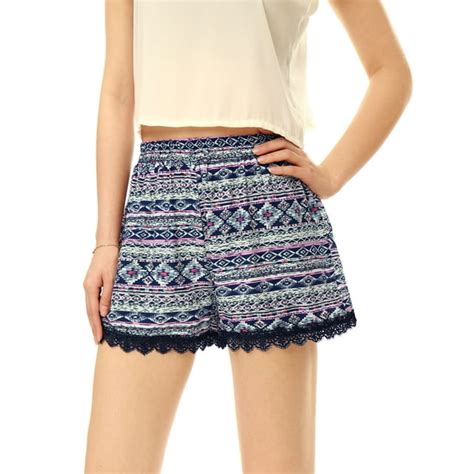 Womens Allover Printed Lace Trim Elastic Waist Casual Shorts Blue