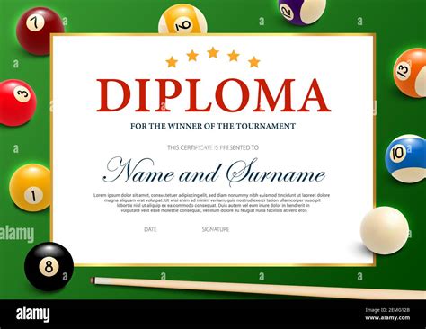 Diploma For The Winner Of Billiard Tournament Certificate Vector