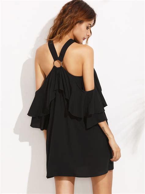 Black Cold Shoulder Ruffle Shift Dress Shein Sheinside