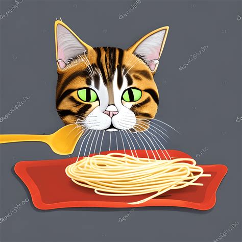 Funny Cat Eating Spaghetti Digital Graphic · Creative Fabrica