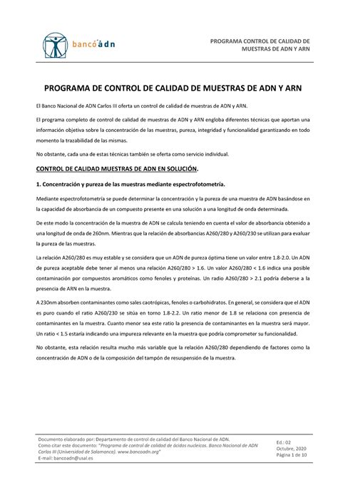 Programa Control Calidad Muestras Muestras De Adn Y Arn Documento