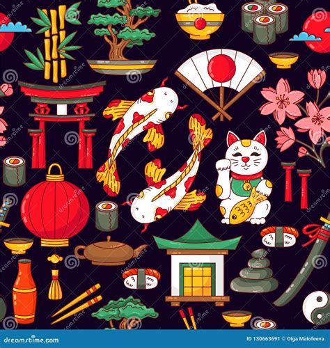 Japan Traditional Symbols Cartoon Seamless Vector Pattern Stock Vector