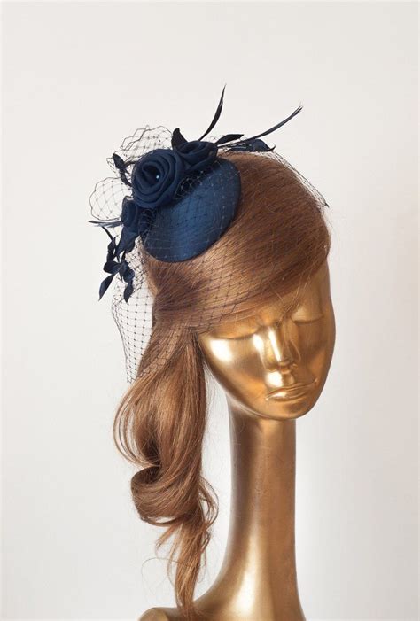 Bridal Navy Blue Fascinator With Birdcage Veil And Flowers Wedding Mini Hat With Veil Navy