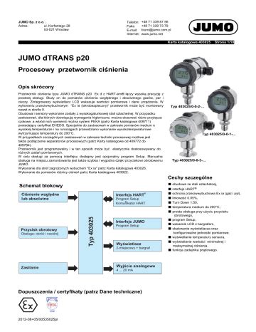 Jumo Dtrans P Process Pressure Transmitter Karta Katalogowa Manualzz