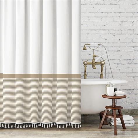 Beige Shower Curtain White Striped Tassel Shower Curtains For Bathroom