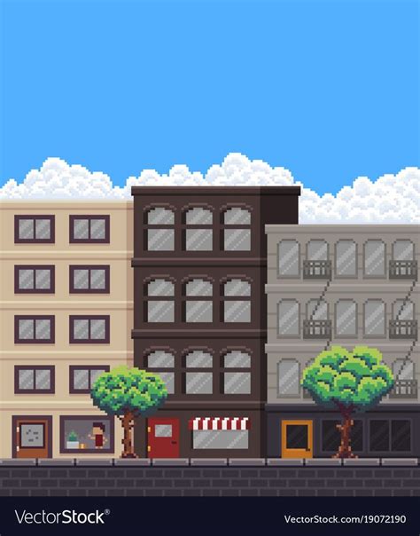 Pixel art street with buildings, stores, trees and sky with clouds ...