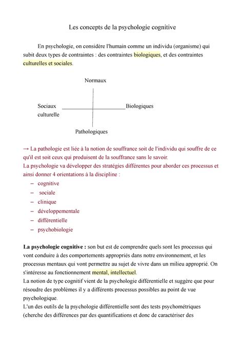 CM Cognitive Notes De Cours 4 Les Concepts De La Psychologie