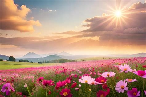 Premium Photo | Pink flowers in a field of flowers