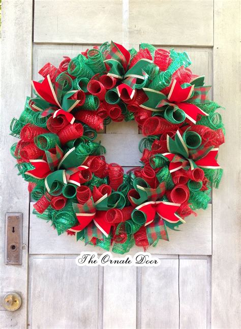 Christmas Wreath Red And Green Christmas Wreath Deco Mesh Etsy Deco