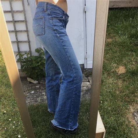 Vintage Blue Denim Low Waisted Flares Jeans With Cut Depop