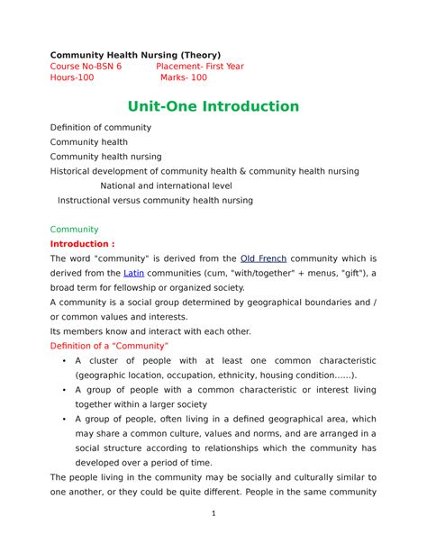 Unit 1 Community Health Nursing Introduction 1 Community Health