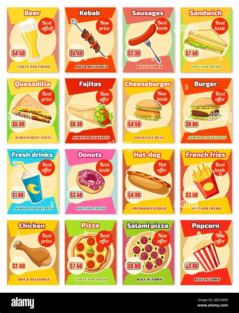 Fast food menu card with lunch meal and drink. Burger, hot dog and hamburger, pizza, sandwich ...