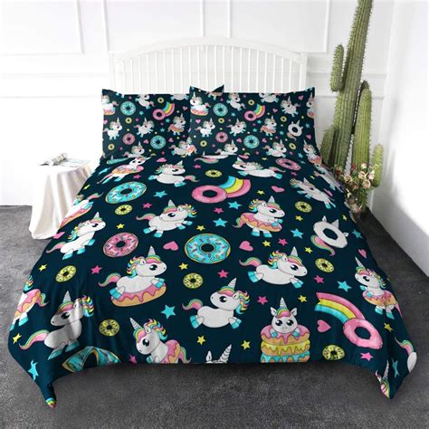 Arightex Unicorns Donuts Bedding For King Size Bed 3 Pieces Duvet Cover Set Rainbow