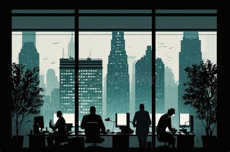 Minimalist Illustration Of People Working In Modern Office With View