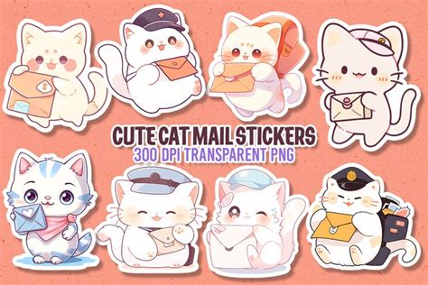 Cute Kawaii Cat Mail Stickers Bundle PNG