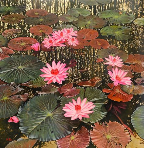 Noble Lotus I Vietnamese Lacquer Painting By Artist Nguyen Xuan Viet