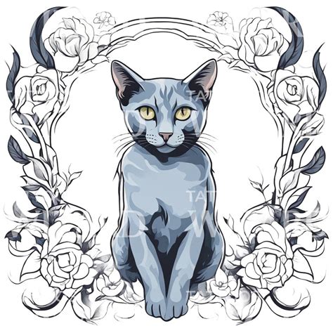 Russian Blue Cat with Floral Patterns Tattoo Design – Tattoos Wizard ...