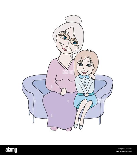 Grandmother Hugs Her Granddaughter Hand Drawn Illustration Stock